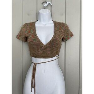 Isalis Crop Knit Wrap Sweater S Small V-Neck Short Sleeves Green Orange Space